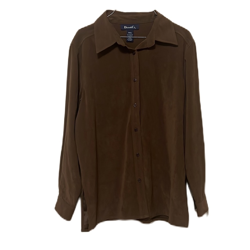 Denim & Co. Collared, Button Down, Long Sleeves Top, Brown, Size Small